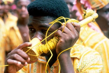 Southern Ghana, Legu: Akwambo Festival, Asafo (Fante Military) Company #2, Man in Telephone Skit