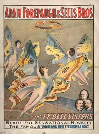 Strobridge Lithograph | Forepaugh-Sells Enormous Shows United: The Ty-Bell Sisters, Aerial Butterflies, 1910 | The John and Mable Ringling Museum of Art: Circus Collection; ringling.org/CircusMuseums