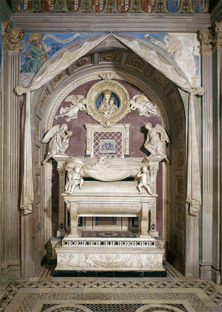 Antonio Rossellino | Chapel for the Cardinal of Portugal, east bay with Tomb of the Cardinal of Portugal, Angels, Putti, and Cherub-wreathed Madonna; 1461-66 |Cappella del Cardinale di Portogallo, S. Miniato al Monte, Florence, Italy | (c) 2006, SCALA, Florence / ART RESOURCE, N.Y.; ; scalarchives.com; artres.com