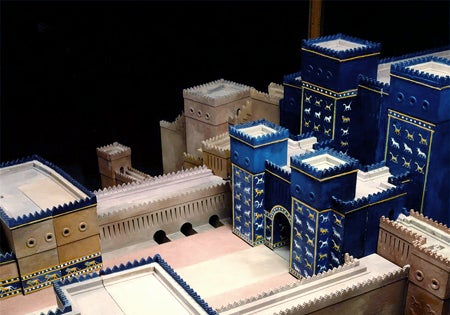 Reconstruction by E. Andrea Hummel | Model of the Processional Way (Aj-ibur-shapu) and Ishtar Gate from the Palace of Nebuchadnezzar II, Babylon | before 1930 of 6th-century BCE layout | Vorderasiatisches Museum, Staatliche Museen zu Berlin | Image and original data provided by Bildarchiv Preussischer Kulturbesitz; bpkgate.picturemaxx.com/webgate_cms