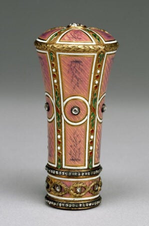 Peter Carl Fabergé ; Workmaster: Mikhail Perkhin; Manufacturer: House of Fabergé | Parasol Handle | ca. 1900 | pink enamel on guilloché gold, diamonds
