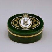 Peter Carl Fabergé; Workmaster: Henrik Wigström; Manufacturer: House of Fabergé, Russian | Oval Box with Monogram of Nicholas II | early 20th century | nephrite, gold, diamonds, enamel | The Walters Art Museum