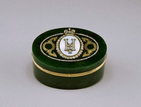 Peter Carl Fabergé; Workmaster: Henrik Wigström; Manufacturer: House of Fabergé, Russian | Oval Box with Monogram of Nicholas II | early 20th century | nephrite, gold, diamonds, enamel | The Walters Art Museum
