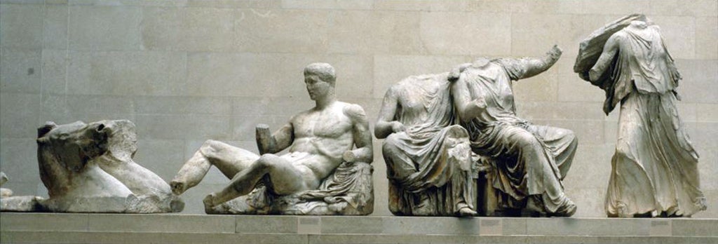 Greek, Parthenon: E. pediment: Helios Chariot, Dionysos (or Herakles?); Demeter, Kore, and Artemis (or Hestia, Dione, and Aphrodite?), ca. 438-432 B.C.E. Catalogued by: Art Images for College Teaching