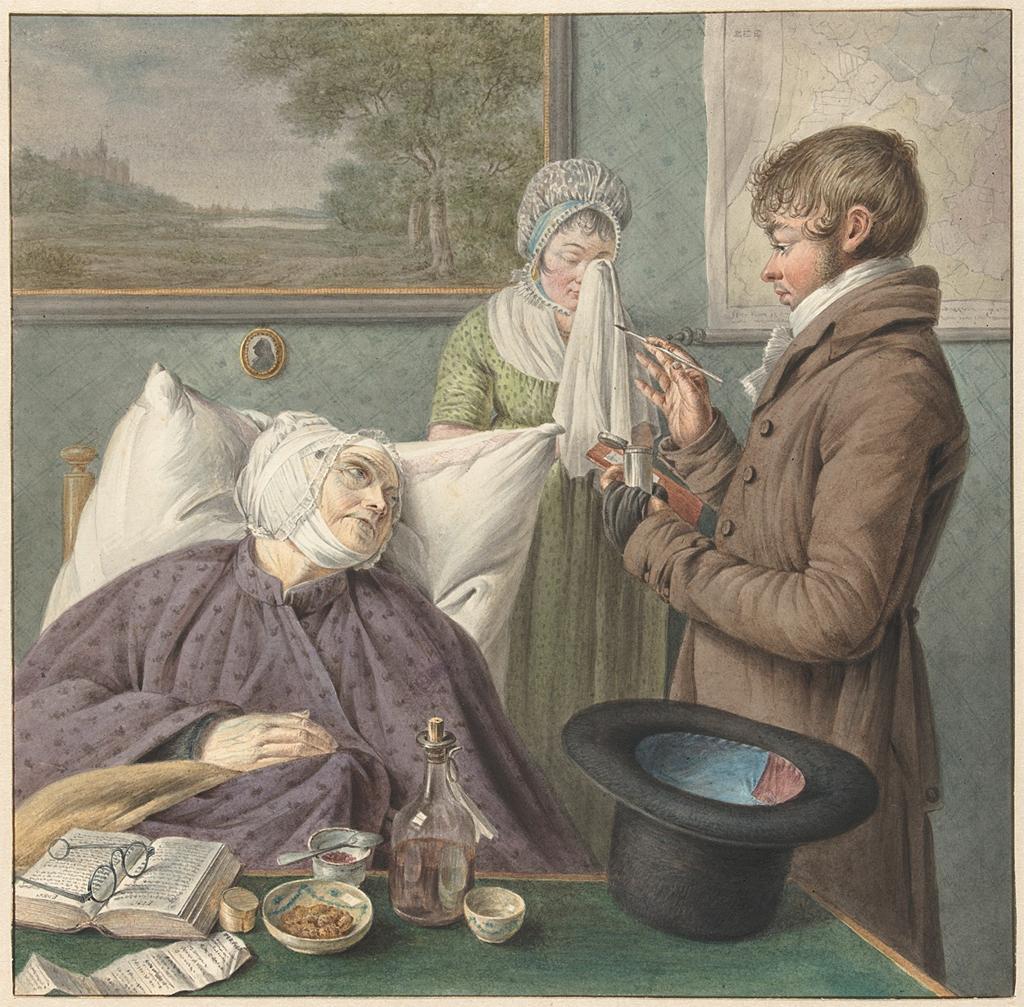 Doctor visits a sick elderly woman in bed. Attributed to Wybrand Hendriks, Warner Horstink, Hendrik Schwegman, 1754 - 1831 and/or 1766 - 1815 and/or 1771 – 1816. Image and original data provided by Rijksmuseum: https://www.rijksmuseum.nl/