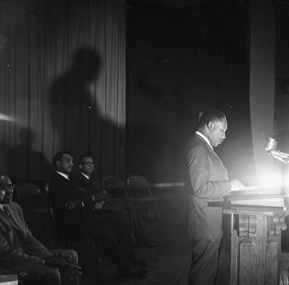 Dr. Martin Luther King, Jr. speaks at the TCA meeting, 1957. Courtesy of the Tuskegee University Archives, P.H. Polk Collection, 2017.