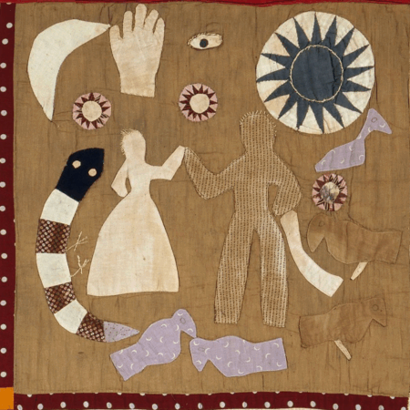 A quilt block with appliquéd shapes on a tan background bordered in red with white dots. The central figures are a man and woman holding hands, surrounded by a striped snake-like creature, a large sunburst circle, an open hand, an eye, birds, circular starburst motifs, and abstract purple shapes.