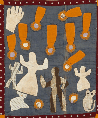 A quilt block with appliquéd figures on a dark blue background bordered in red with white dots. The central imagery shows human silhouettes, including one large figure in a dress, a two-toned figure, and smaller figures around them. Scattered throughout the panel are bright orange comet-like shapes with circular starburst ends, as well as an appliquéd hand, rabbit, and mouse.