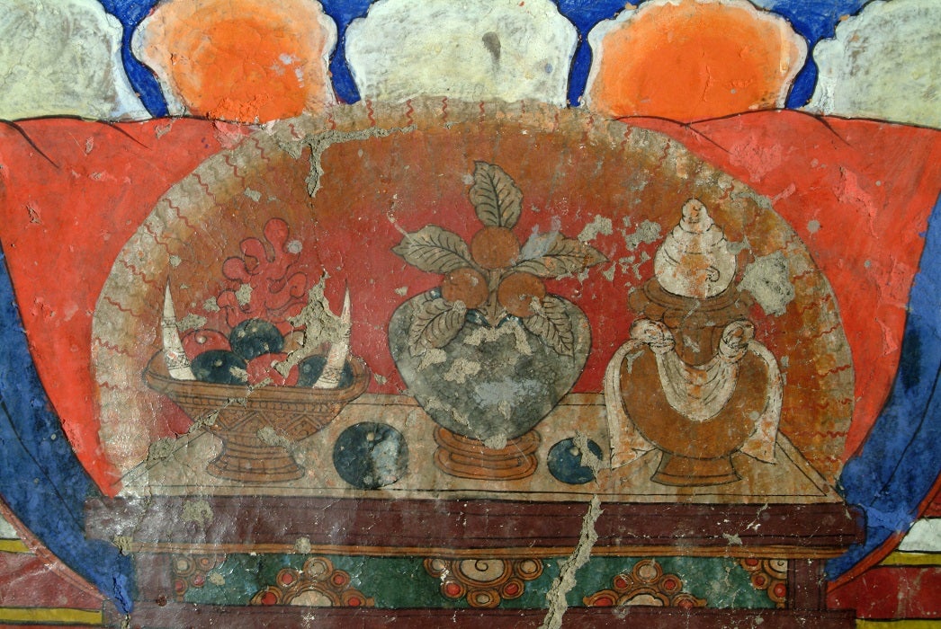 Himachal Pradesh, Lahaul-Spiti, Dankhar Gompa, India. Offering table in front of second Buddha. c. late 17th - 18th century. Detail from mural painting (east corner, south wall) in sNa ka mTshang Hall. Image and data provided by Rob Linrothe.