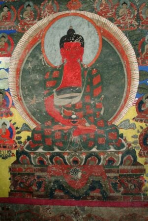 Himachal Pradesh; Lahaul-Spiti; Dankhar Gompa, India. Amitabha Buddha. c. late 17th - 18th century. Detail from mural painting (right, north wall) in sNa ka mTshang Hall. Image and data provided by Rob Linrothe.