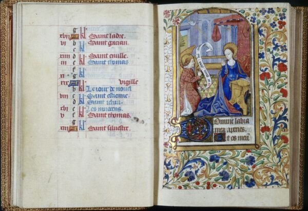 Attributed to unknown French (illuminator). c.1470 (creation date). Book of Hours (Horae Beatae Mariae Virginis), Folio 13r: Hours of the Virgin: Matins: Annunciation, overall, right, shown with folio 12v at left. Illumination, Leaf (component), Manuscript. Place: Trinity College, Watkinson Library (Hartford, Connecticut, USA).