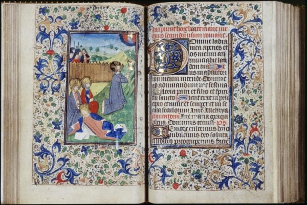 Attributed to Studio of unknown French (illuminator), Possibly Style of unknown Flemish (illuminator). c.1470 (creation date). Book of Hours (Horae Beatae Mariae Virginis in Usum Ecclesiae Romanae cum Calendario), Folio 39v: Hours of the Virgin: Matins: Agony in the Garden, overall, left, with Folio 40r at right.. Illumination, Leaf (component), Manuscript. Place: Trinity College, Watkinson Library (Hartford, Connecticut, USA).