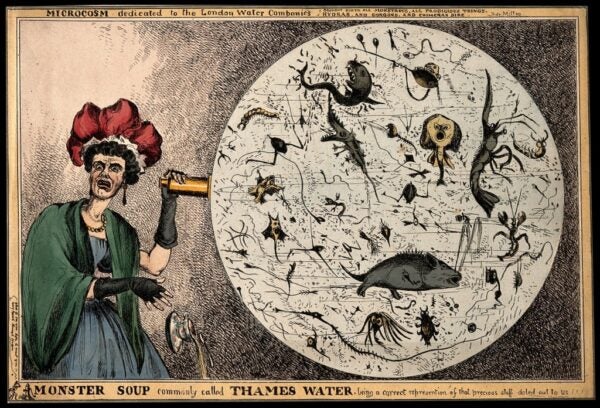 A woman dropping her porcelain tea-cup in horror upon discovering the monstrous contents of a magnified drop of Thames water; revealing the impurity of London drinking water. Colored etching by W. Heath, 1828