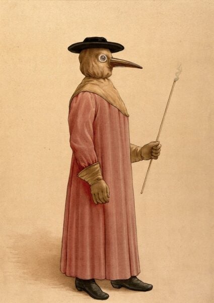 A physician wearing a 17th-century plague preventive.