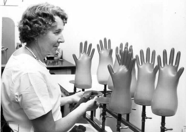 Central Sterile Supply. Inflating Rubber Gloves. October 1966