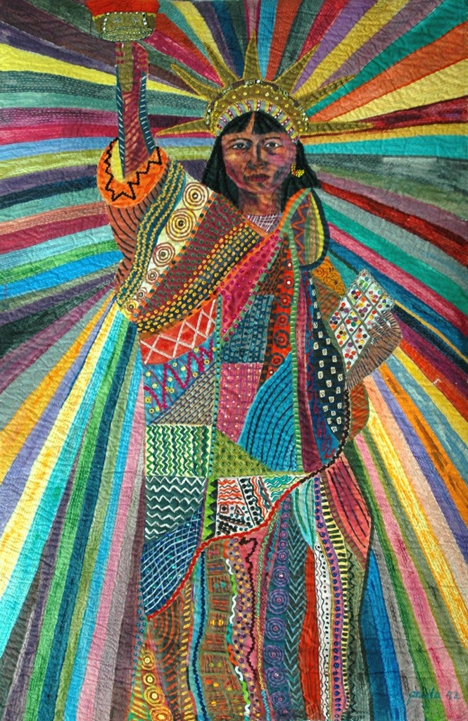 Acrylic, yarn, buttons, mirrors, painted cloth on stitched, padded canvas rendering of Lady Liberty.