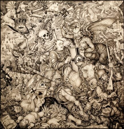 Drawing of Adolf Hitler appears on horseback, surrounded by skeletons, monsters, and corpses