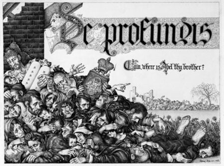 Illustration of a pile of deceased or suffering figures appear below the words "De Profundis" in calligraphic lettering.