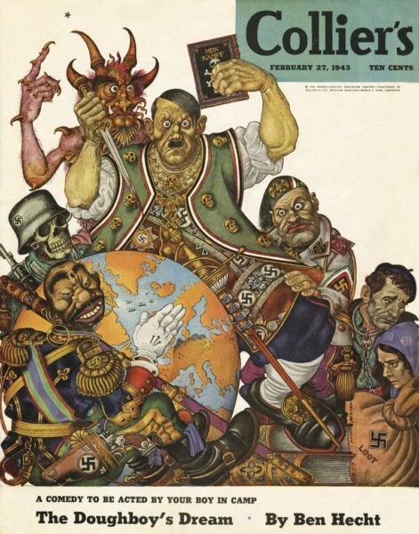 Illustration of axis readers and refugees in chains on cover of Collier's magazine.
