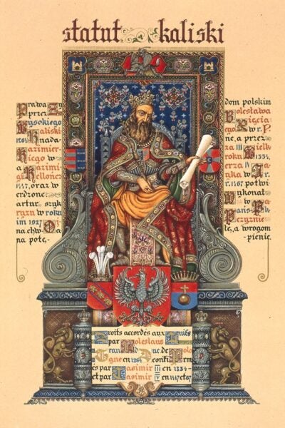 Watercolor painting of a crowned male figure sits on a throne between cursive text in French and Polish.