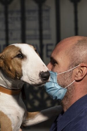 Dog with man in surgical mask