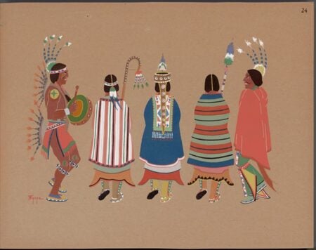 Stephen Mopope. Pochoir print of Stephen Mopope drawing of squaw dance. 1929.