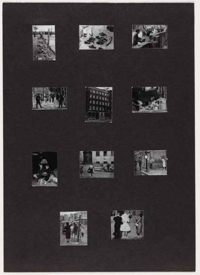 A black background displaying a grid of eleven small black-and-white photographs arranged in three columns. Each photo captures street scenes or daily life in an urban setting — people walking, children playing, buildings, and courtyards. The photos vary in perspective and subject, offering glimpses of postwar city life, architecture, and social interaction, like a contact sheet or collage of documentary snapshots.
