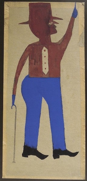 Painting of a man wearing a top hat, tie, blue pants, and black shoes, with a cane in one hand and a pipe raised over his head.