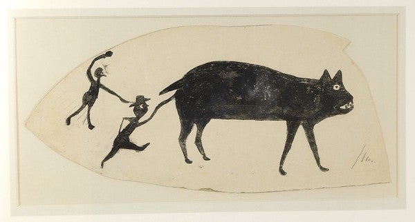 Painting showing the silhouettes of two men chasing a hog that is as tall as they are.