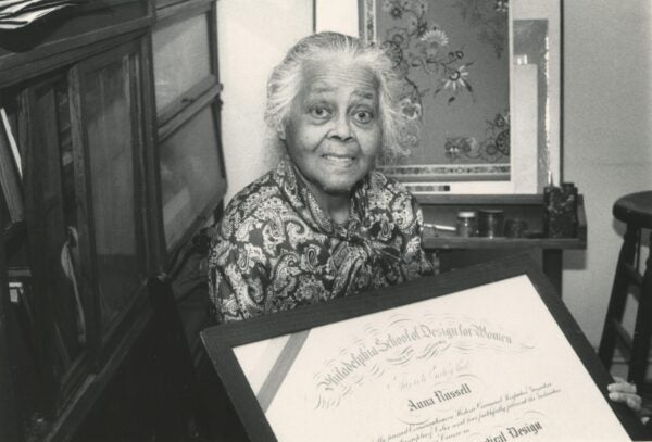 Anna Russell Jones with her 1924 diploma from the Philadelphia School of Design for Women (PSDW), 1987.
