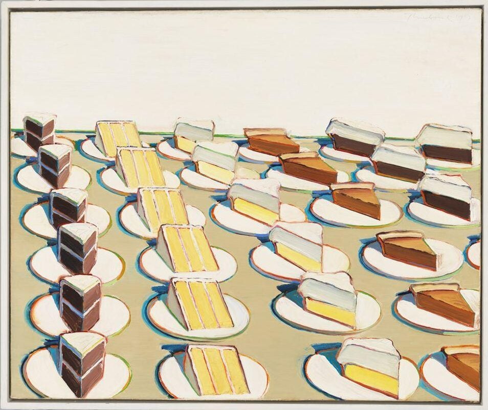 Painting of rows of neatly arranged slices of pie and layer cake on white plates, creating a repetitive geometric pattern across a tabletop.