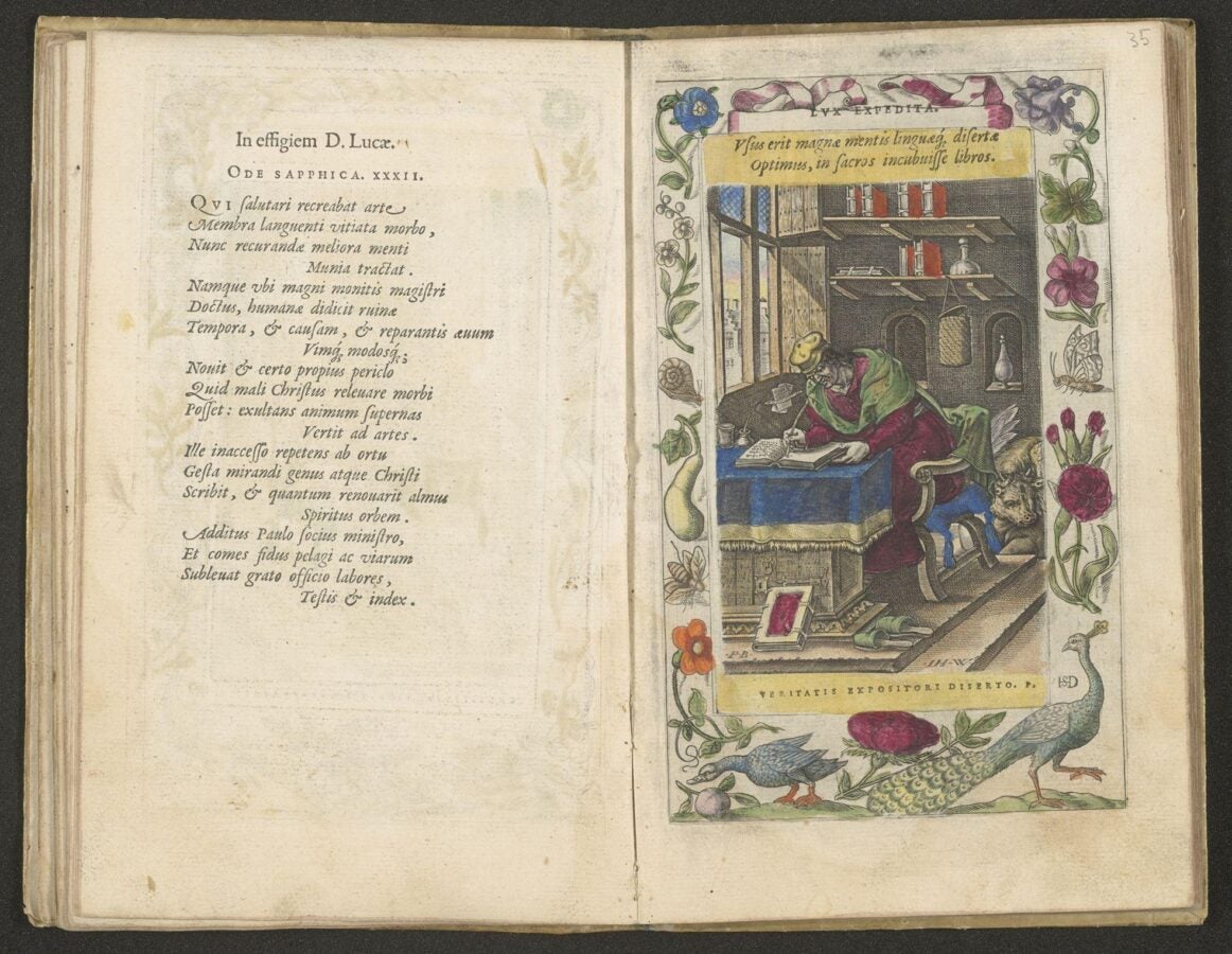 Open illuminated manuscript showing Latin text and a colorful illustration of a scholar writing at a desk.
