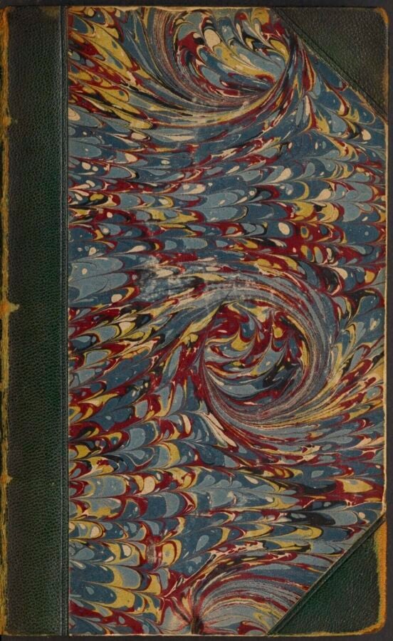 Marbled book cover with swirling red, blue, yellow, and white patterns framed by dark green leather corners.