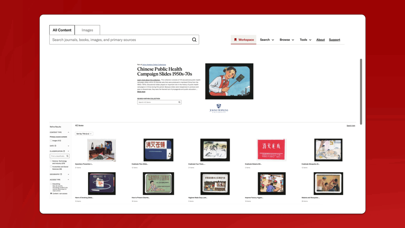 Screenshot of a JSTOR collection titled “Chinese Public Health Campaign Slides 1950s–70s,” displaying thumbnails of educational slides.