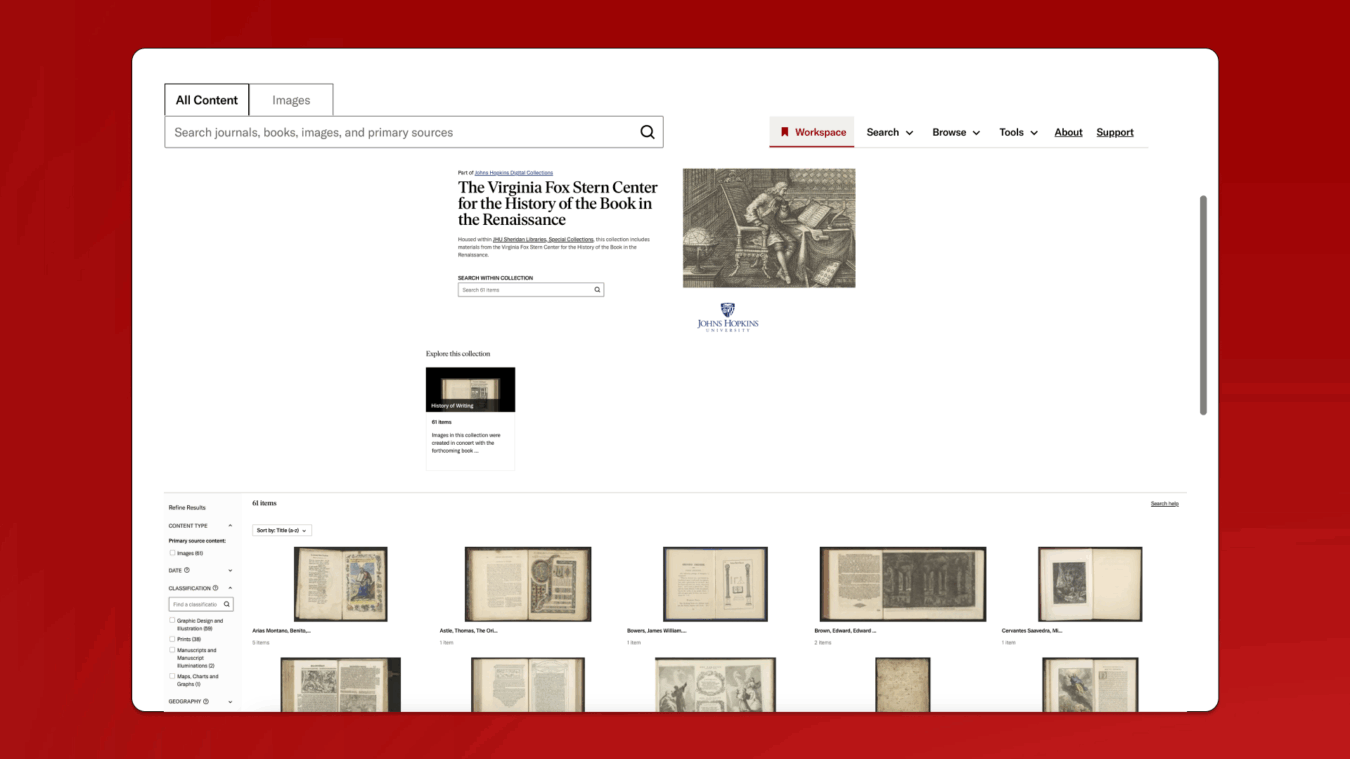 Screenshot of a JSTOR collection page titled “The Virginia Fox Stern Center for the History of the Book in the Renaissance” with thumbnails of digitized books.