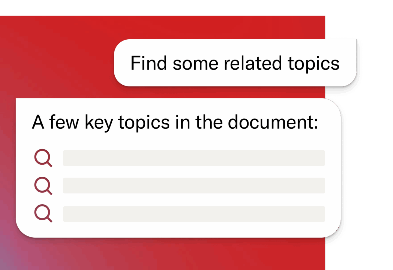 Chat-style interface with a user request to ‘Find some related topics,’ followed by an AI-generated list of key topics with magnifying glass icons.