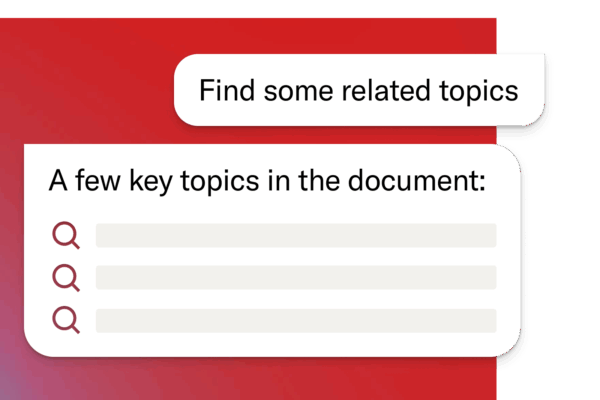 Chat-style interface with a user request to ‘Find some related topics,’ followed by an AI-generated list of key topics with magnifying glass icons.