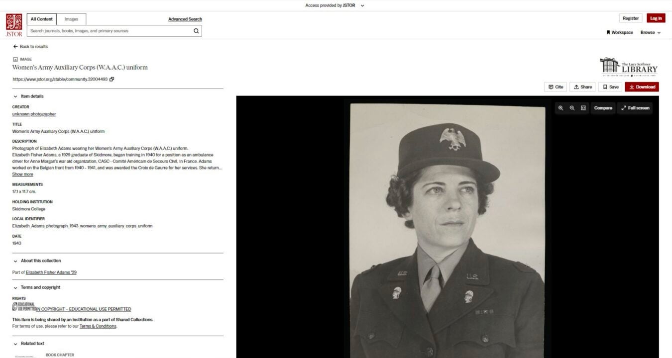 Screenshot of a digital collection item page on JSTOR showing metadata details and viewing options.