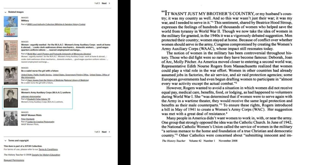 Screenshot of a JSTOR item record featuring a related image section with thumbnail previews, including an image from Skidmore's collection.