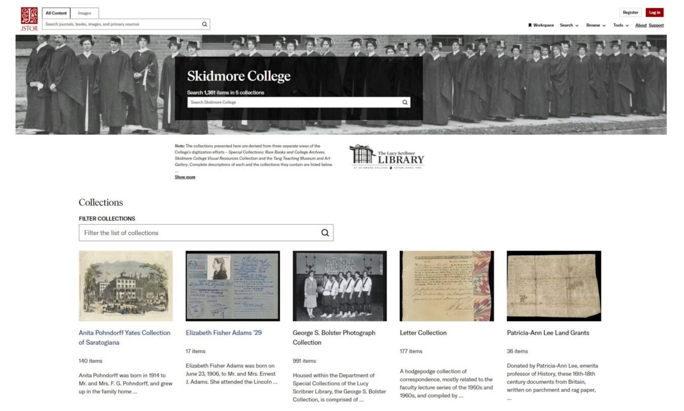 Screenshot of Skidmore College’s JSTOR landing page showing the library banner, search bar, and featured digital collections with images and brief descriptions.