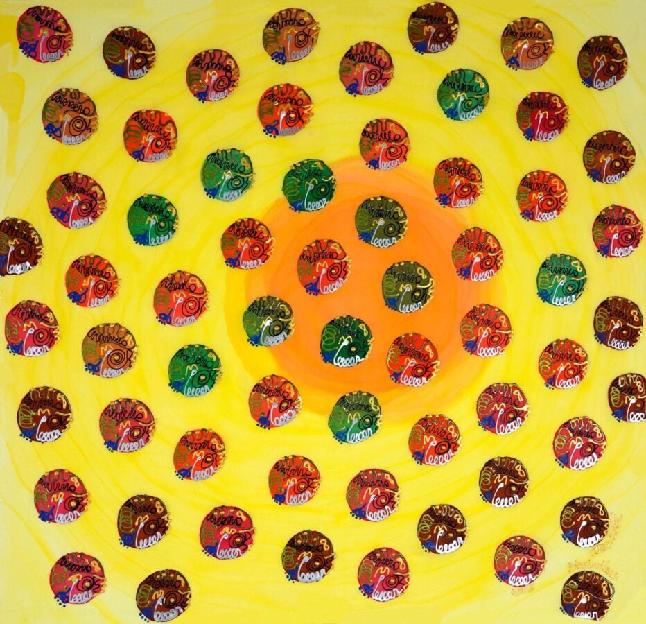 Abstract artwork with dozens of small painted circles arranged in loose concentric rings over a yellow-to-orange gradient background; each circle contains colorful swirls, dots, and cursive-like marks in reds, greens, and browns.