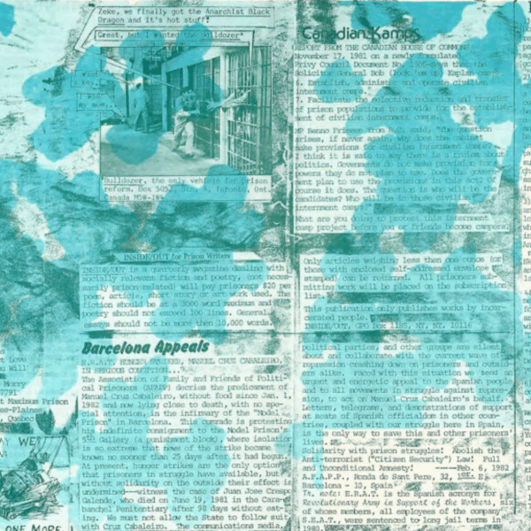 A scanned zine-style page with dense typed text, blue ink washes, and small illustrations, including a prison cell photo and drawings. The page discusses political prisoners, prison writing, and activist appeals.