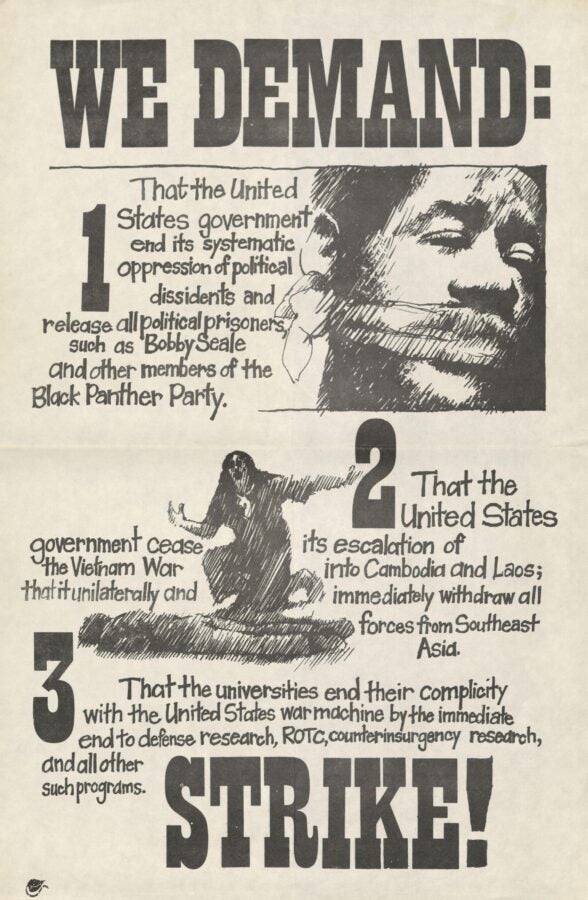 Black-and-white protest poster with bold text reading “We Demand” and “Strike!”, featuring an illustrated portrait of Bobby Seale and a raised fist.