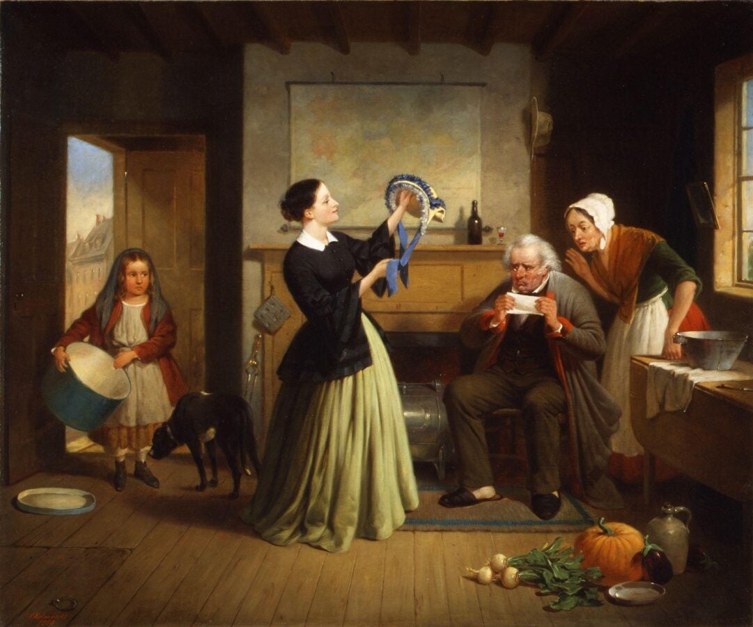 A 19th-century domestic interior showing a young woman holding up a decorated blue bonnet for inspection. An older man sits reading a letter, while an elderly woman leans in to listen. A young girl with a bucket and a dog stand by the open door, and vegetables rest on the floor near a table by the window.