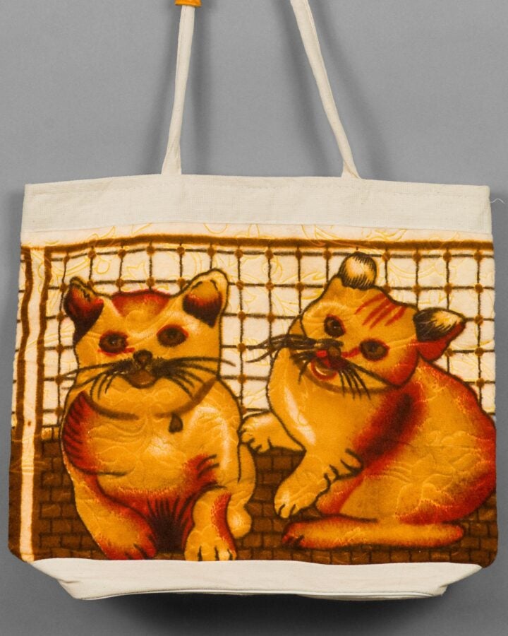 Beige tote bag with a velvet panel showing two orange cats sitting in front of a grid-like fence.