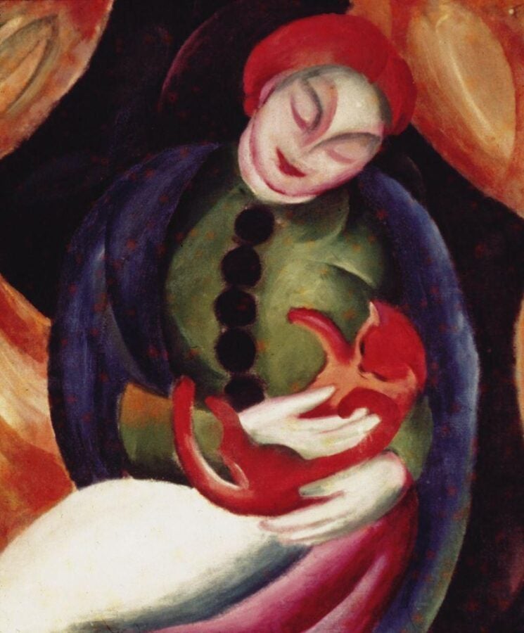 Stylized portrait of a girl smiling softly while cradling a red cat against her chest.