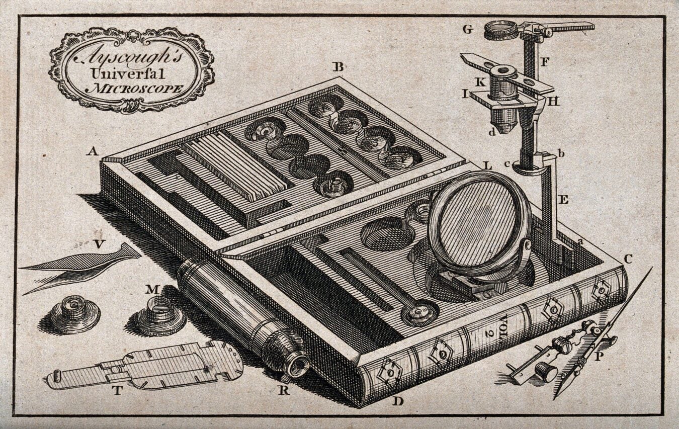 An 18th-century engraving of Ayscough’s Universal Microscope, displayed in an open case resembling a book. The detailed illustration shows the microscope’s components labeled with letters, including lenses, slides, a magnifying mirror, a specimen holder, and various small tools arranged neatly in compartments. The top left corner features an ornate title plate reading “Ayscough’s Universal Microscope.” The image highlights the craftsmanship and design of early portable scientific instruments.