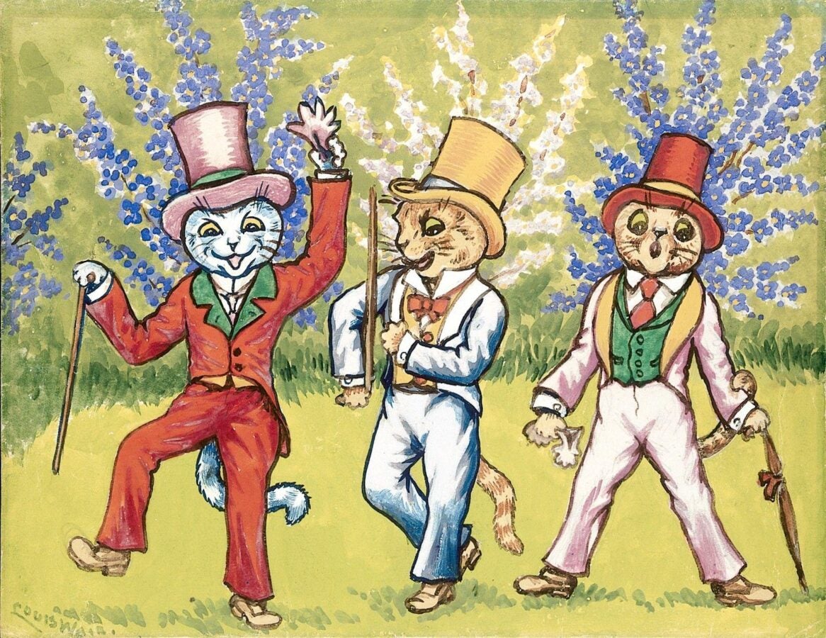 Anthropomorphic cats in top hats and tails strike showy dance poses with canes amid flowering shrubs.