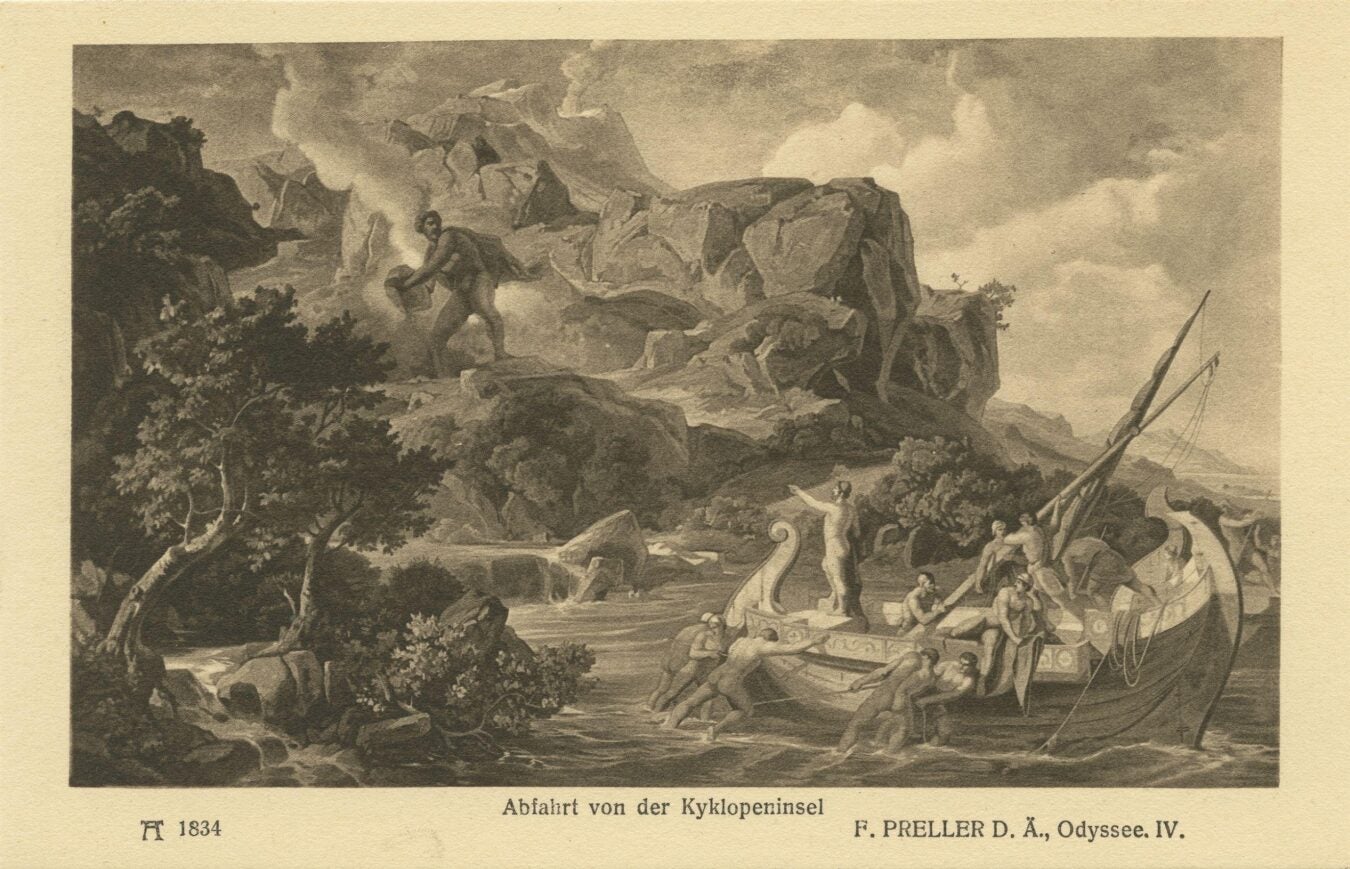 Sepia-toned print of a Homeric scene: sailors launch a decorated galley as a one-eyed giant on the cliffs hoists a boulder; caption reads ‘Abfahrt von der Kyklopeninsel’ (Departure from the Island of the Cyclops).