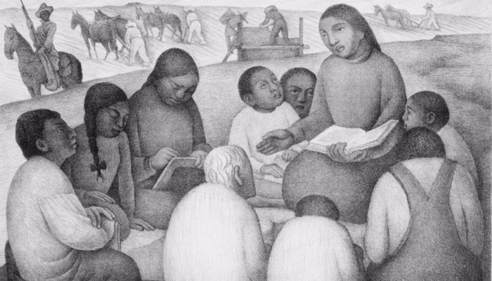 Black and white drawing by Diego Rivera titled "Open Air School" (1932), depicting a group of children seated outdoors in a semi-circle, listening attentively to a woman holding an open book, as if teaching or telling a story. In the background, farm workers and horses are visible, suggesting a rural setting. The image captures a scene of communal learning and education in a natural environment.